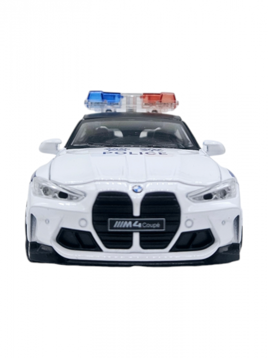 Masina metalica Politie tip BMW M4 Coupe, Sunete si lumini, Usile, capota si portbagajul se deschid, Baterii incluse, 16cm, Scara 1:32, Alb [8]