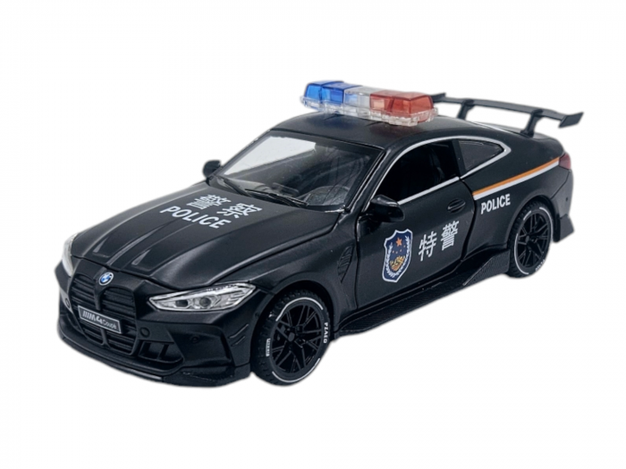 Masina metalica Politie tip BMW M4 Coupe, Sunete si lumini, Usile, capota si portbagajul se deschid, Baterii incluse, 16cm, Scara 1:32, Negru [8]
