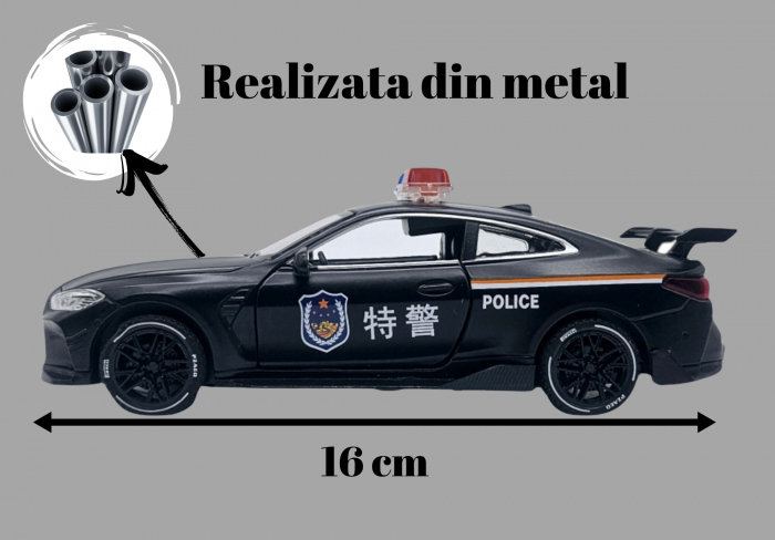 Masina metalica Politie tip BMW M4 Coupe, Sunete si lumini, Usile, capota si portbagajul se deschid, Baterii incluse, 16cm, Scara 1:32, Negru [2]