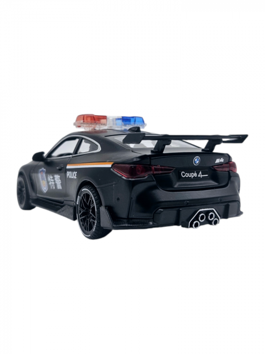 Masina metalica Politie tip BMW M4 Coupe, Sunete si lumini, Usile, capota si portbagajul se deschid, Baterii incluse, 16cm, Scara 1:32, Negru [9]