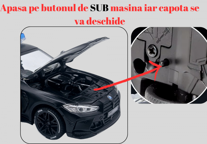 Masina metalica Politie tip BMW M4 Coupe, Sunete si lumini, Usile, capota si portbagajul se deschid, Baterii incluse, 16cm, Scara 1:32, Negru [3]