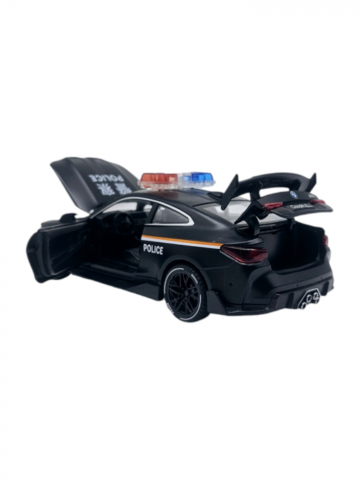 Masina metalica Politie tip BMW M4 Coupe, Sunete si lumini, Usile, capota si portbagajul se deschid, Baterii incluse, 16cm, Scara 1:32, Negru [6]