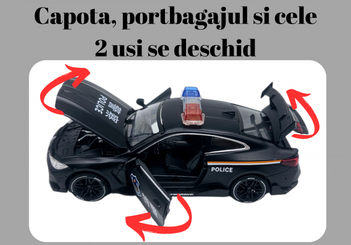 Masina metalica Politie tip BMW M4 Coupe, Sunete si lumini, Usile, capota si portbagajul se deschid, Baterii incluse, 16cm, Scara 1:32, Negru [5]