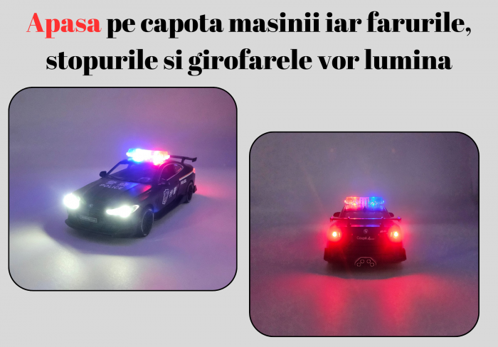 Masina metalica Politie tip BMW M4 Coupe, Sunete si lumini, Usile, capota si portbagajul se deschid, Baterii incluse, 16cm, Scara 1:32, Negru [4]