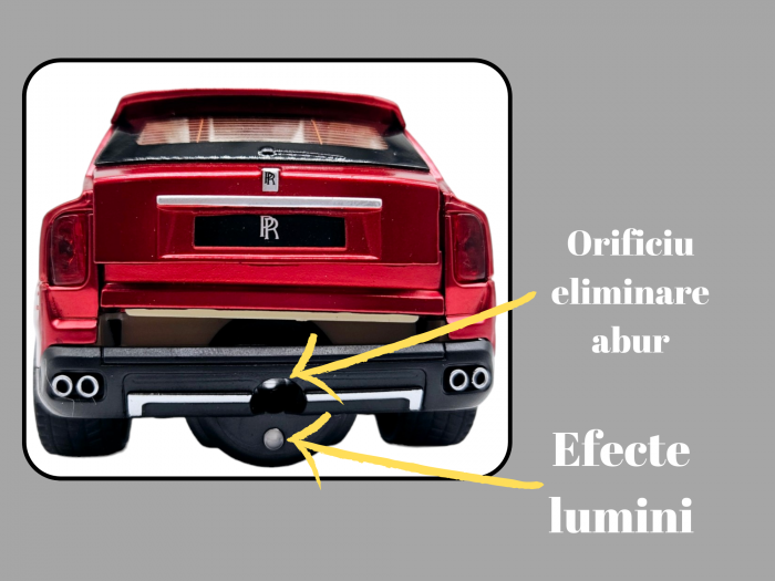 Masina metalica Rolls Royce Cullinan cu efecte de fum, Sunete realistice, Farurile si stopurile lumineaza, Capota, portbagajul si cele 4 usi se deschid, Baterii incluse, 21cm, Rosu, Fara cutie, Replic [6]
