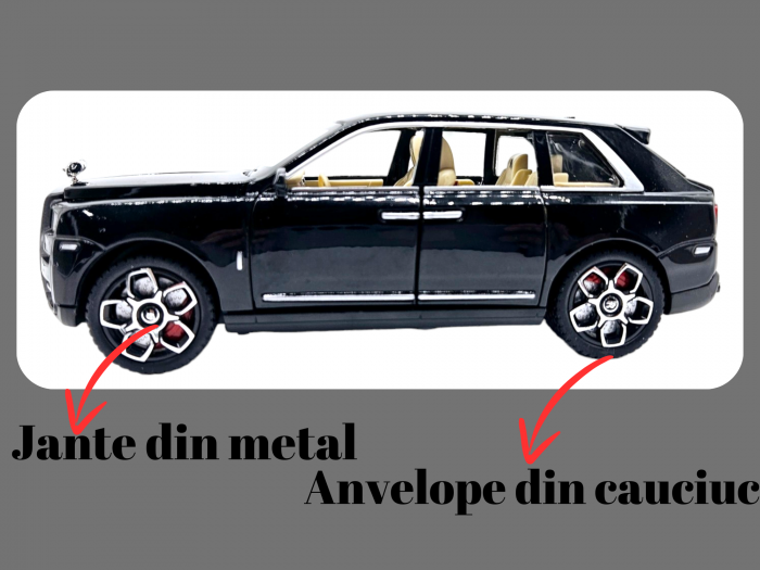 Masina metalica Rolls Royce Cullinan cu efecte de fum, Sunete realistice, Farurile si stopurile lumineaza, Capota, portbagajul si cele 4 usi se deschid, Baterii incluse, 21cm, Negru, Fara cutie, Repli [5]