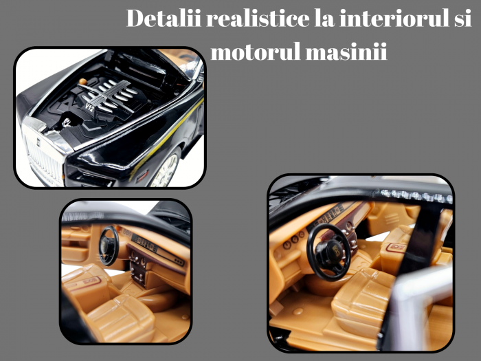 Masina metalica Rolls Royce Limuzina Gold , 3 sunete realistice, Farurile si stopurile lumineaza, Usile, capota si portbagajul se deschid, Baterii incluse, 20cm, Negru, Scara 1:24, Replica [3]