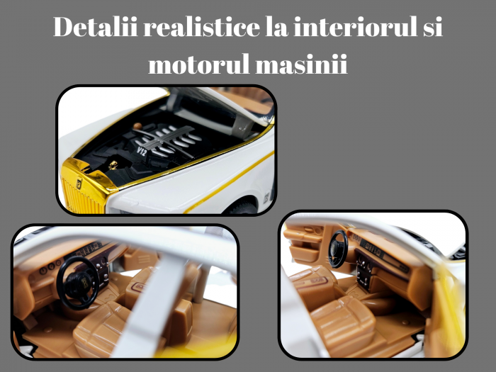 Masina metalica Rolls Royce Limuzina Gold , 3 sunete realistice, Farurile si stopurile lumineaza, Usile, capota si portbagajul se deschid, Baterii incluse, 20cm, Alb, Scara 1:24, Replica [3]