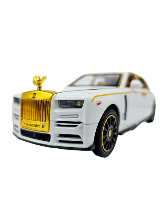 Masina metalica Rolls Royce Limuzina Gold , 3 sunete realistice, Farurile si stopurile lumineaza, Usile, capota si portbagajul se deschid, Baterii incluse, 20cm, Alb, Scara 1:24, Replica [9]