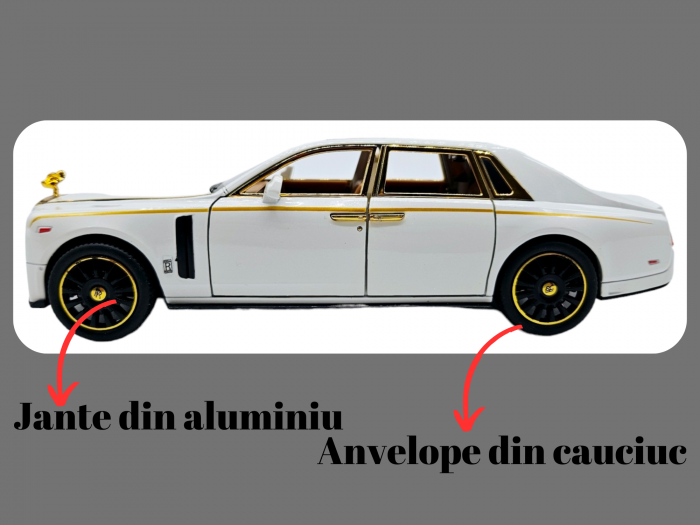 Masina metalica Rolls Royce Limuzina Gold , 3 sunete realistice, Farurile si stopurile lumineaza, Usile, capota si portbagajul se deschid, Baterii incluse, 20cm, Alb, Scara 1:24, Replica [2]