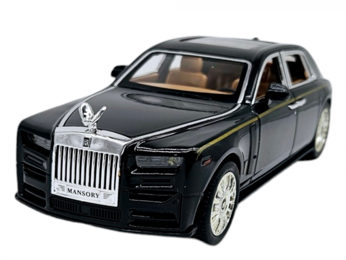 Masina metalica Rolls Royce Limuzina Gold , 3 sunete realistice, Farurile si stopurile lumineaza, Usile, capota si portbagajul se deschid, Baterii incluse, 20cm, Negru, Scara 1:24, Replica [9]