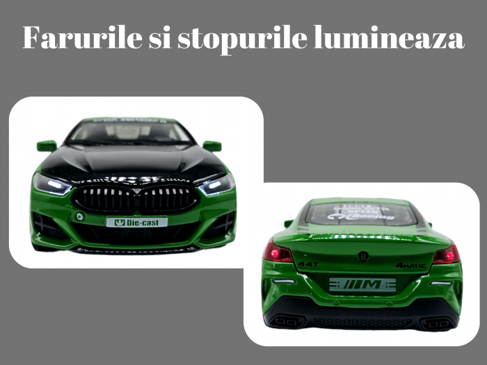 Masina metalica tip BMW M8 cu 3 sunete realistice, Farurile si stopurile lumineaza, Usile, capota si portbagajul se deschid, Baterii incluse, 22cm, Verde, Scara 1:24 [4]