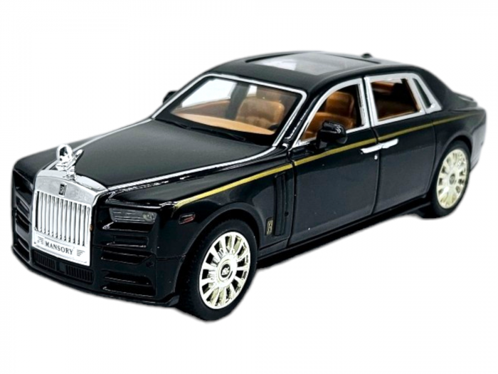 Masina metalica Rolls Royce Limuzina Gold , 3 sunete realistice, Farurile si stopurile lumineaza, Usile, capota si portbagajul se deschid, Baterii incluse, 20cm, Negru, Scara 1:24, Replica [10]