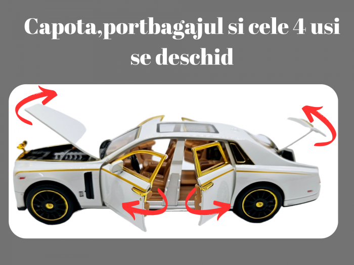 Masina metalica Rolls Royce Limuzina Gold , 3 sunete realistice, Farurile si stopurile lumineaza, Usile, capota si portbagajul se deschid, Baterii incluse, 20cm, Alb, Scara 1:24, Replica [4]