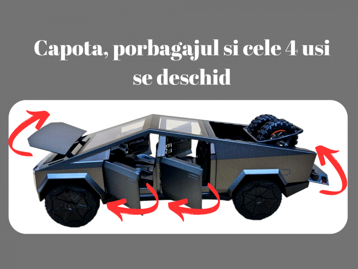 Masina metalica Tesla Cybertruck, 3 sunete realistice, Farurile si stopurile lumineaza, Usile, capota si portbagajul se deschid, baterii incluse, 18cm, Gri, Replica [2]