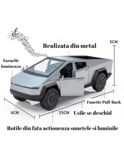 Masina metalica Tesla Cybertruck, sunete si lumini, 15cm, gri [6]