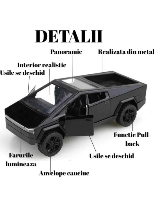 Masina Metalica tip Tesla Cybertruck, Sunete si Lumini, Usi Mobile, Functie Pull-Back, 15cm, Negru [2]