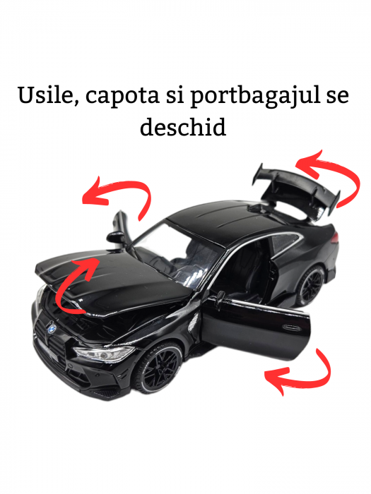 Masina metalica tip BMW M4, Usi mobile, Capota si portbagaj care se deschid, Sunete si lumini, Baterii incluse, Scara 1:32, Negru, 16cm, Replica [6]