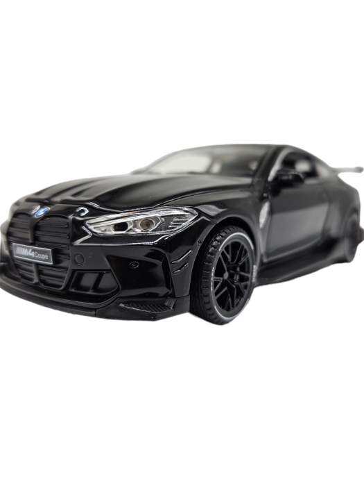 Masina metalica tip BMW M4, Usi mobile, Capota si portbagaj care se deschid, Sunete si lumini, Baterii incluse, Scara 1:32, Negru, 16cm, Replica [8]