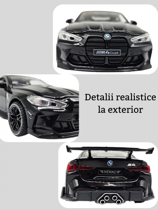 Masina metalica tip BMW M4, Usi mobile, Capota si portbagaj care se deschid, Sunete si lumini, Baterii incluse, Scara 1:32, Negru, 16cm, Replica [2]