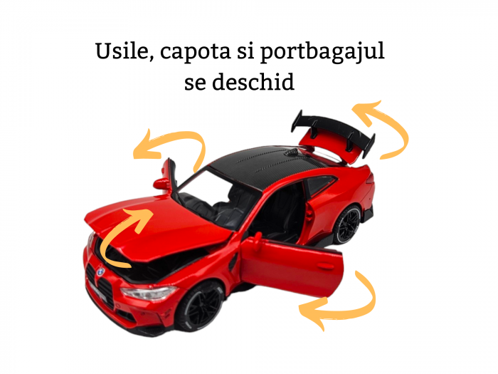 Masina metalica tip BMW M4, Usi mobile, Capota si portbagaj care se deschid, Sunete si lumini, Baterii incluse, Scara 1:32, Rosu, 16cm, Replica [6]