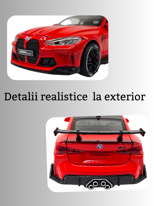 Masina metalica tip BMW M4, Usi mobile, Capota si portbagaj care se deschid, Sunete si lumini, Baterii incluse, Scara 1:32, Rosu, 16cm, Replica [3]