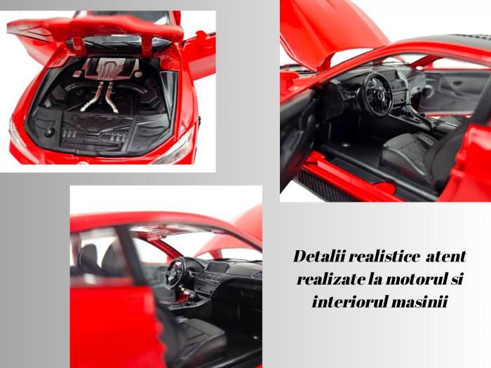 Masina metalica tip BMW M4, Usi mobile, Capota si portbagaj care se deschid, Sunete si lumini, Baterii incluse, Scara 1:32, Rosu, 16cm, Replica [2]