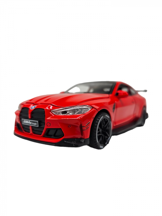 Masina metalica tip BMW M4, Usi mobile, Capota si portbagaj care se deschid, Sunete si lumini, Baterii incluse, Scara 1:32, Rosu, 16cm, Replica [8]