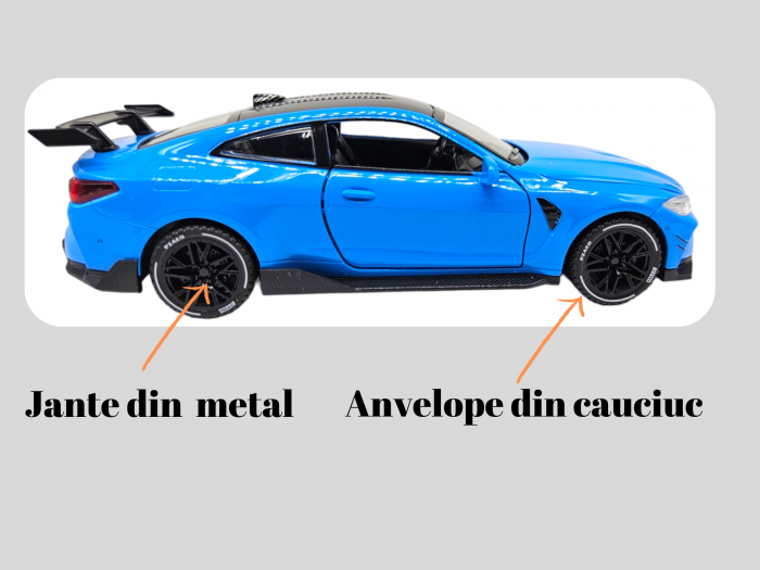 Masina metalica tip BMW M4, Usi mobile, Capota si portbagaj care se deschid, Sunete si lumini, Baterii incluse, Scara 1:32, Albastru, 16cm, Replica [5]