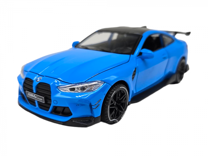 Masina metalica tip BMW M4, Usi mobile, Capota si portbagaj care se deschid, Sunete si lumini, Baterii incluse, Scara 1:32, Albastru, 16cm, Replica [7]