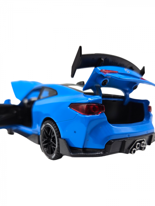 Masina metalica tip BMW M4, Usi mobile, Capota si portbagaj care se deschid, Sunete si lumini, Baterii incluse, Scara 1:32, Albastru, 16cm, Replica [10]