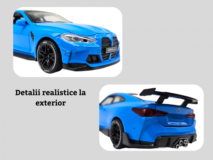 Masina metalica tip BMW M4, Usi mobile, Capota si portbagaj care se deschid, Sunete si lumini, Baterii incluse, Scara 1:32, Albastru, 16cm, Replica [2]
