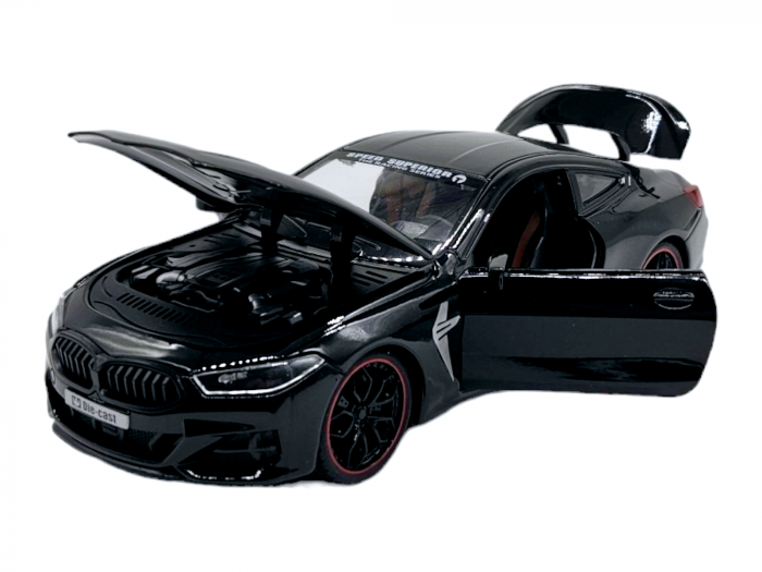 Masina metalica tip BMW M8 cu 3 sunete realistice, Farurile si stopurile lumineaza, Usile, capota si portbagajul se deschid, Baterii incluse, 22cm, Negru, Scara 1:24 [7]