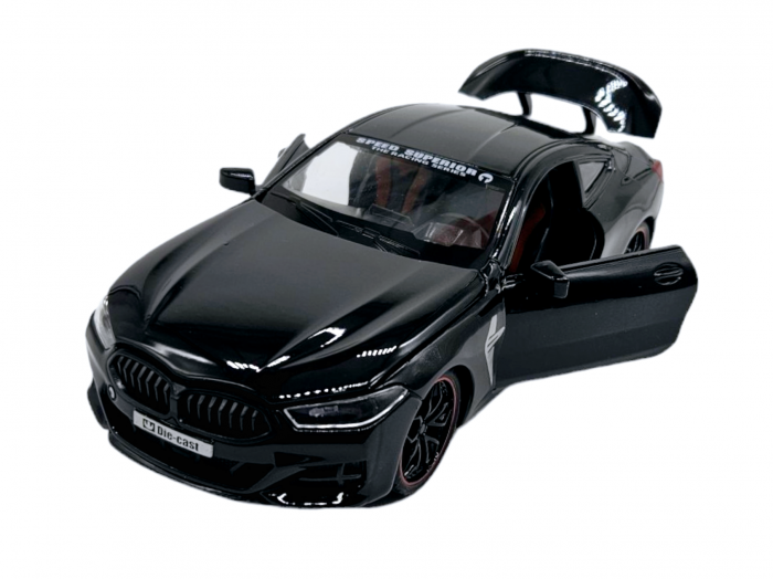 Masina metalica tip BMW M8 cu 3 sunete realistice, Farurile si stopurile lumineaza, Usile, capota si portbagajul se deschid, Baterii incluse, 22cm, Negru, Scara 1:24 [1]