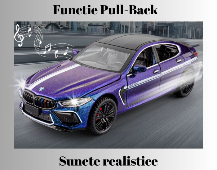 Masina metalica tip BMW M8, Sunete realistice, Farurile si stopurile lumineaza, Usile si capota se deschid, Anvelope cauciuc, Claxon Functional Baterii incluse, 21cm, Mov-Cameleon, Scara 1:24 [4]