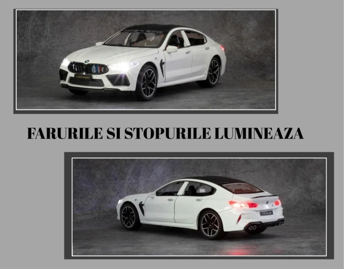 Masina metalica tip BMW M8, Sunete realistice, Farurile si stopurile lumineaza, Usile si capota se deschid, Anvelope cauciuc, Claxon Functional Baterii incluse, 21cm, Alb, Scara 1:24 [3]