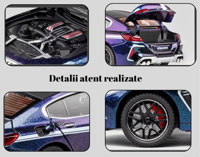 Masina metalica tip BMW M8, Sunete realistice, Farurile si stopurile lumineaza, Usile si capota se deschid, Anvelope cauciuc, Claxon Functional Baterii incluse, 21cm, Mov-Cameleon, Scara 1:24 [3]