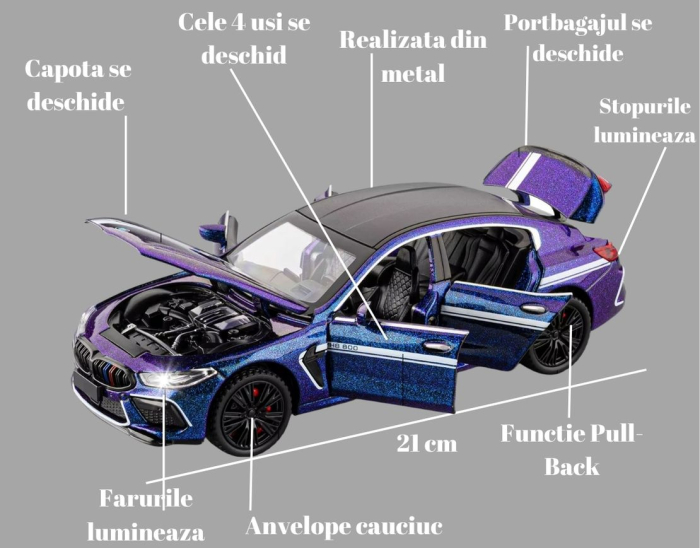 Masina metalica tip BMW M8, Sunete realistice, Farurile si stopurile lumineaza, Usile si capota se deschid, Anvelope cauciuc, Claxon Functional Baterii incluse, 21cm, Mov-Cameleon, Scara 1:24 [2]