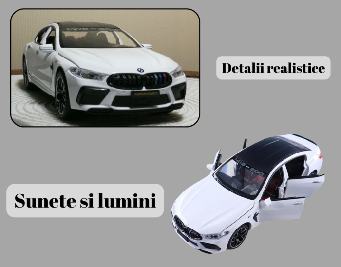 Masina metalica tip BMW M8, Sunete realistice, Farurile si stopurile lumineaza, Usile si capota se deschid, Anvelope cauciuc, Claxon Functional Baterii incluse, 21cm, Alb, Scara 1:24 [6]