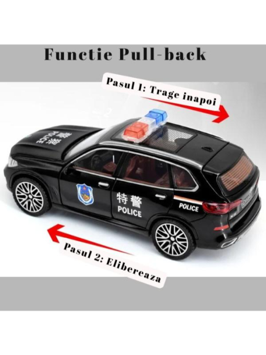 Masina Metalica tip BMW X5 Politie, Usile se deschid, Sunete, Lumini, Pull-back, 16cm, Negru [2]