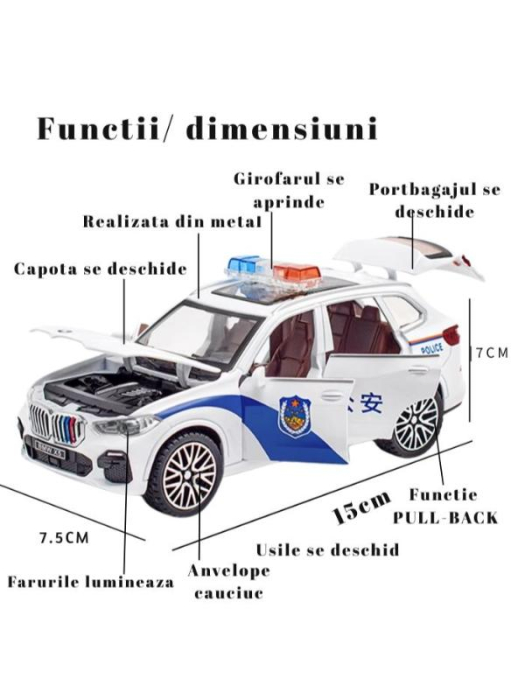 Masina Metalica tip BMW X5 Politie, Usile se deschid, Sunete, Lumini, Pull-back, 16cm, Alb [3]