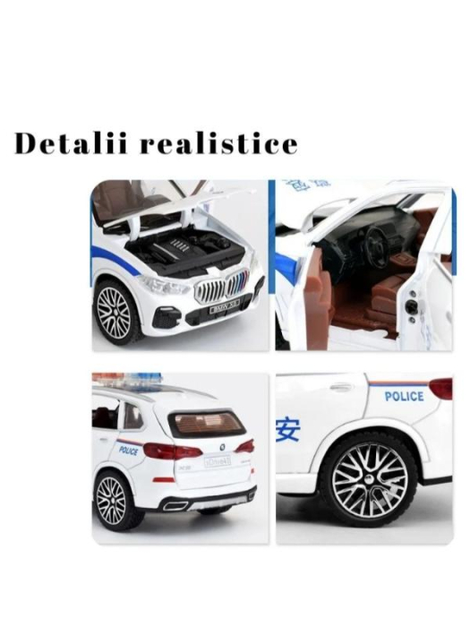 Masina Metalica tip BMW X5 Politie, Usile se deschid, Sunete, Lumini, Pull-back, 16cm, Alb [2]