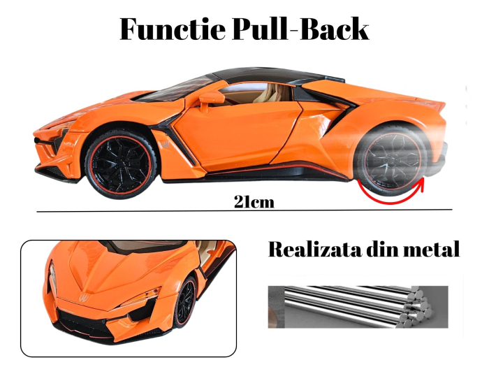 Masina metalica tip Lykan Hypercar, Farurile si stopurile lumineaza, Usile si capota se deschid, Claxonul Functioneaza, Anvelope cauciuc, Baterii incluse, 21cm, Portocaliu, Scara 1:24 [3]