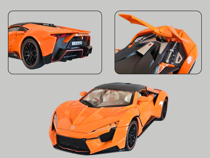 Masina metalica tip Lykan Hypercar, Farurile si stopurile lumineaza, Usile si capota se deschid, Claxonul Functioneaza, Anvelope cauciuc, Baterii incluse, 21cm, Portocaliu, Scara 1:24 [5]
