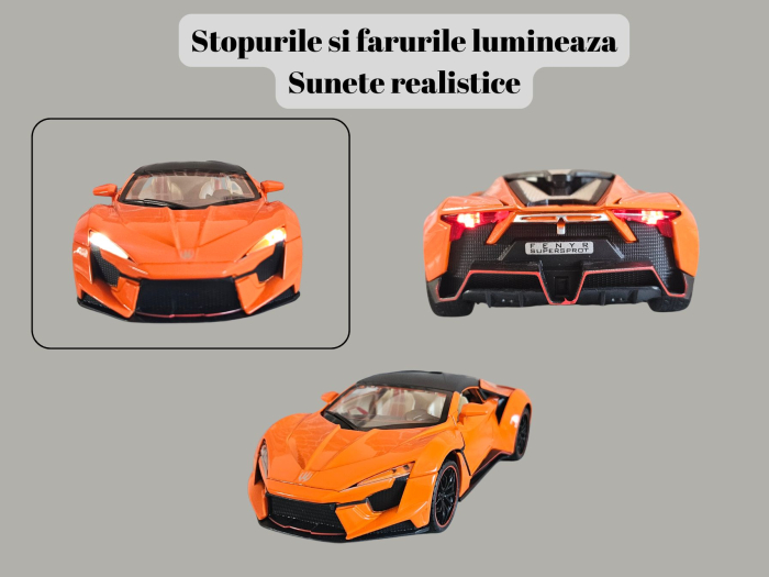 Masina metalica tip Lykan Hypercar, Farurile si stopurile lumineaza, Usile si capota se deschid, Claxonul Functioneaza, Anvelope cauciuc, Baterii incluse, 21cm, Portocaliu, Scara 1:24 [4]