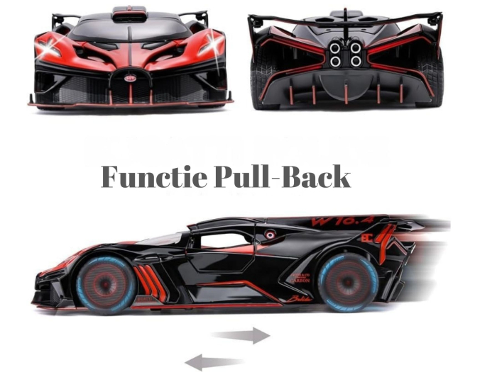 Masina metalica tip Bugatti Hypercar, Sunete realistice, Farurile si stopurile lumineaza, Usile si capota se deschid, Claxonul functioneaza, Baterii incluse, 21cm, Negru-Rosu, Scara 1:24 [4]