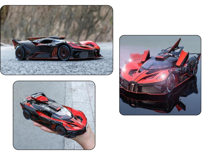 Masina metalica tip Bugatti Hypercar, Sunete realistice, Farurile si stopurile lumineaza, Usile si capota se deschid, Claxonul functioneaza, Baterii incluse, 21cm, Negru-Rosu, Scara 1:24 [5]