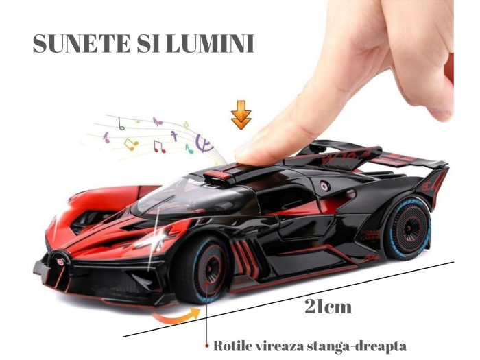 Masina metalica tip Bugatti Hypercar, Sunete realistice, Farurile si stopurile lumineaza, Usile si capota se deschid, Claxonul functioneaza, Baterii incluse, 21cm, Negru-Rosu, Scara 1:24 [3]