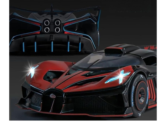 Masina metalica tip Bugatti Hypercar, Sunete realistice, Farurile si stopurile lumineaza, Usile si capota se deschid, Claxonul functioneaza, Baterii incluse, 21cm, Negru-Rosu, Scara 1:24 [6]