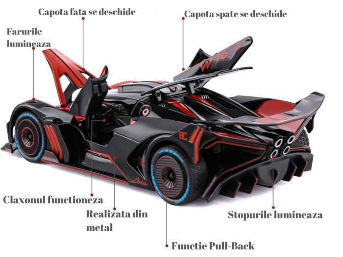 Masina metalica tip Bugatti Hypercar, Sunete realistice, Farurile si stopurile lumineaza, Usile si capota se deschid, Claxonul functioneaza, Baterii incluse, 21cm, Negru-Rosu, Scara 1:24 [2]